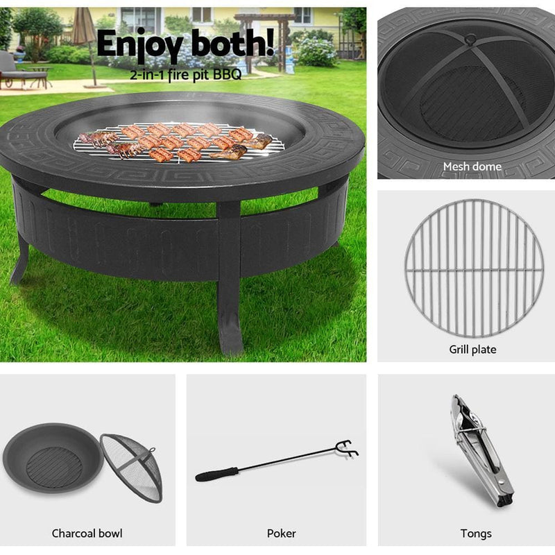Grillz Round Outdoor Fire Pit BBQ Table Grill Fireplace - 