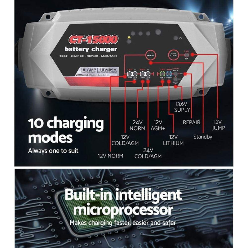 Smart Battery Charger 15A 12V 24V Automatic SLA AGM Car 