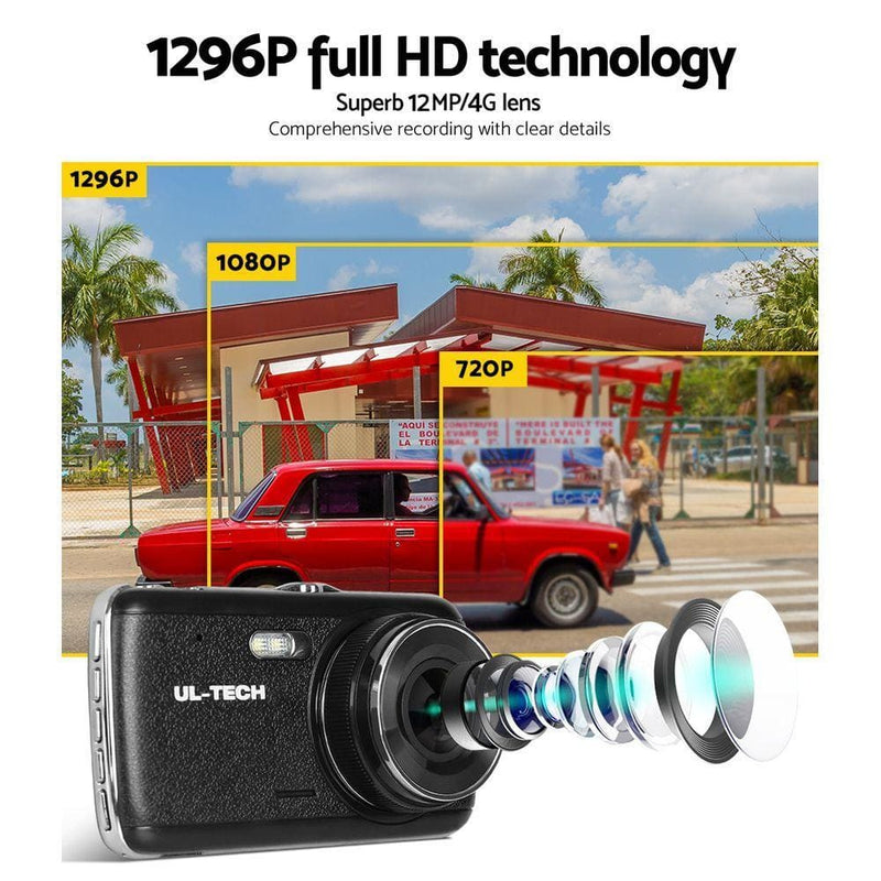UL Tech 4 Inch Dual Camera Dash Camera - Black - Auto 