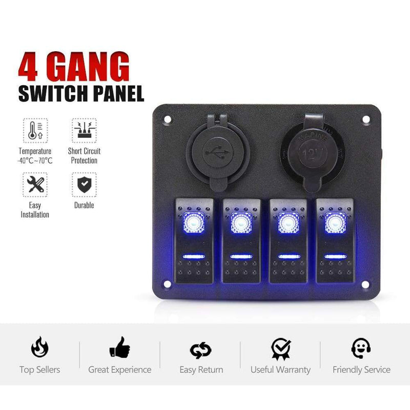 4 Gang Rocker Switch Panel ON-OFF Toggle Dual USB 12V 24V 