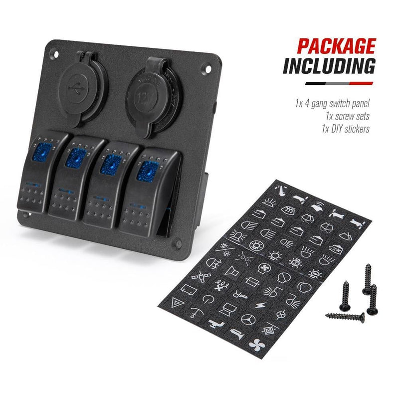 4 Gang Rocker Switch Panel ON-OFF Toggle Dual USB 12V 24V 