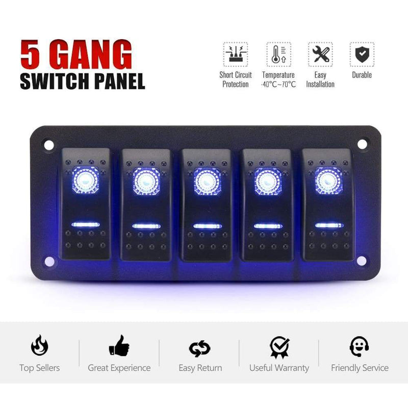 5 Gang Rocker Switch Panel Pre Wired Dual LED Boat Caravan 