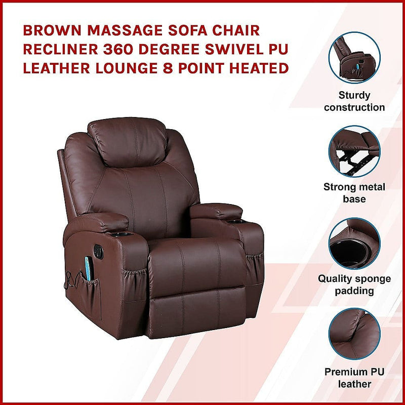 Brown Massage Sofa Chair Recliner 360 Degree Swivel PU 