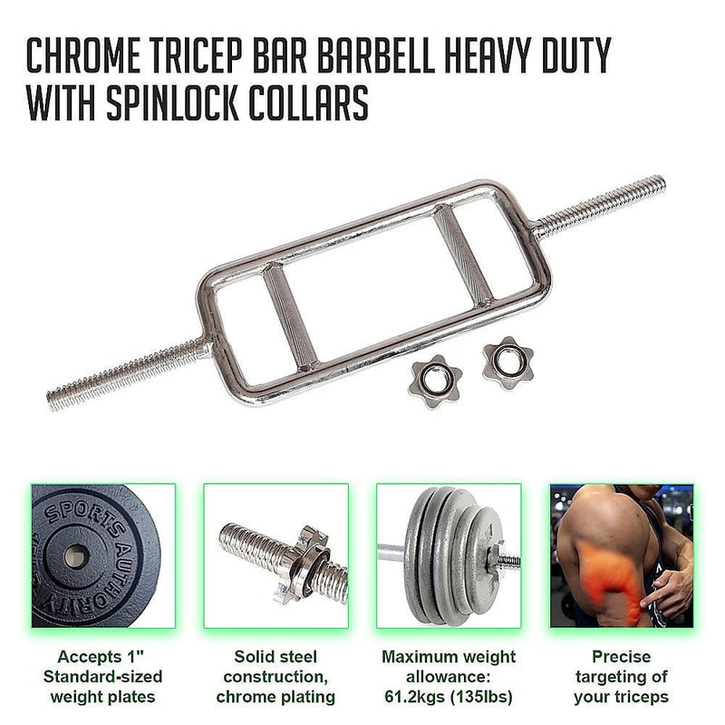 Chrome Tricep Bar Barbell Heavy Duty with Spinlock Collars -