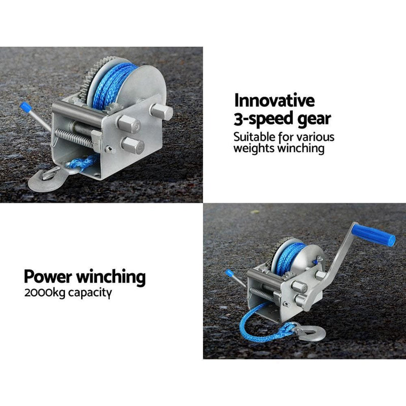 Giantz 3 Speed Hand Winch Synthetic Rope - Auto Accessories 
