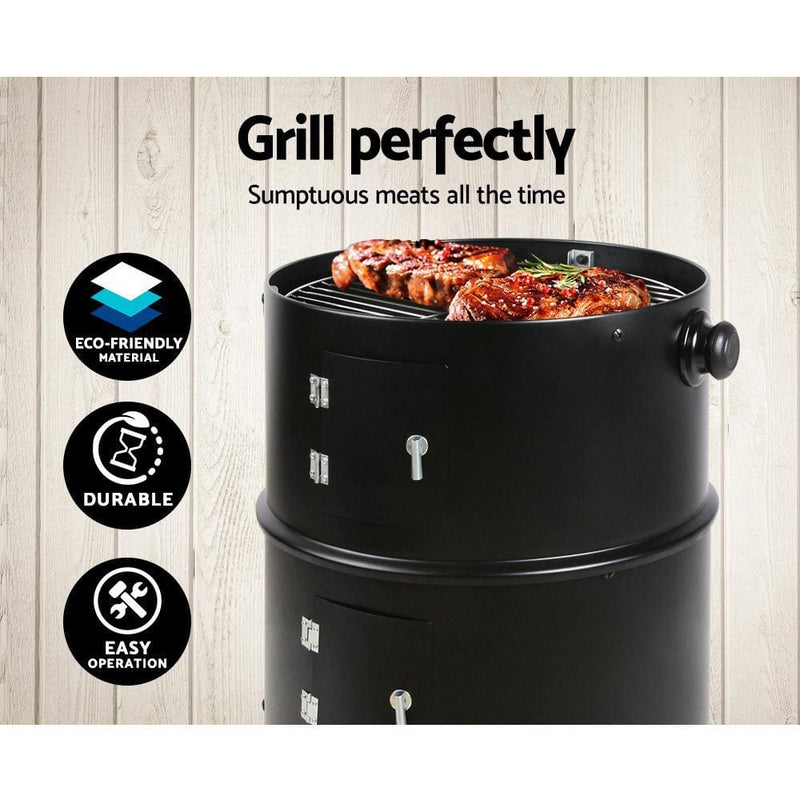Grillz 3-in-1 Charcoal BBQ Smoker - Black - Home & Garden > 