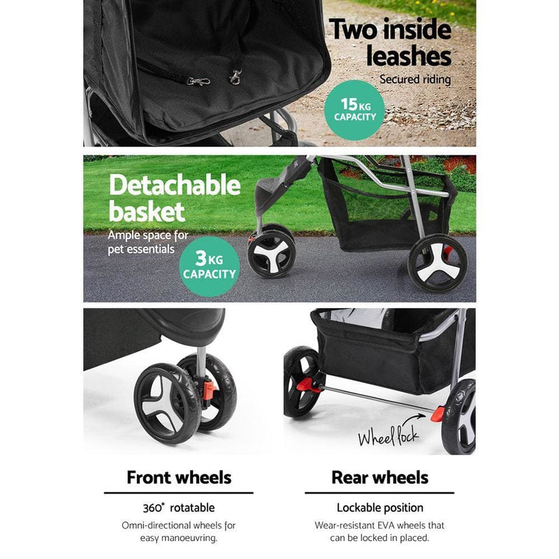 i.Pet 3 Wheel Pet Stroller - Black - Pet Care > Dog Supplies