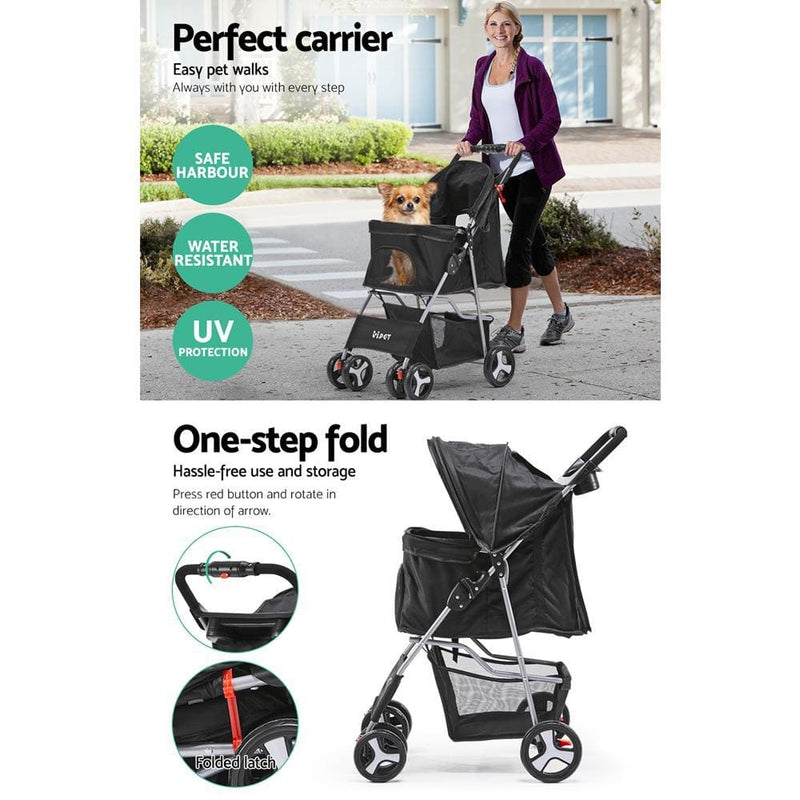 i.Pet 4 Wheel Pet Stroller - Black - Pet Care > Dog Supplies