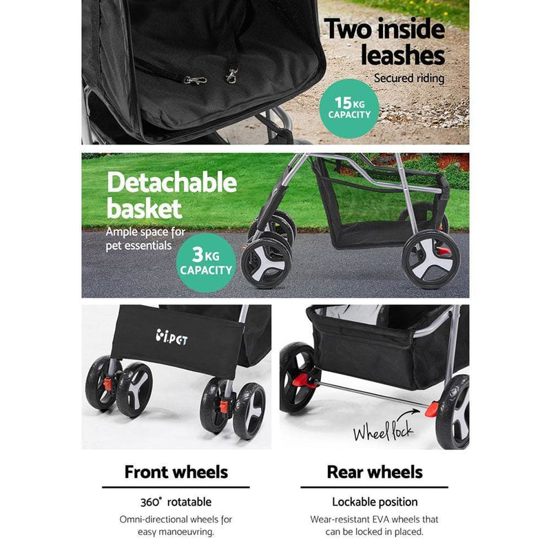i.Pet 4 Wheel Pet Stroller - Black - Pet Care > Dog Supplies