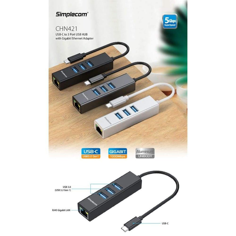 Simplecom CHN421 Aluminium USB-C to 3 Port USB HUB with 