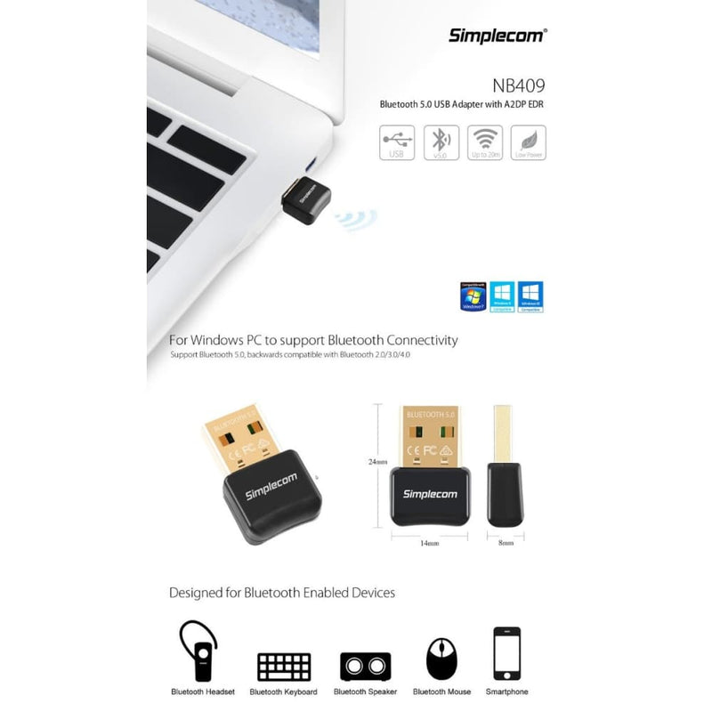 Simplecom NB409 USB Bluetooth 5.0 Adapter Wireless Dongle - 
