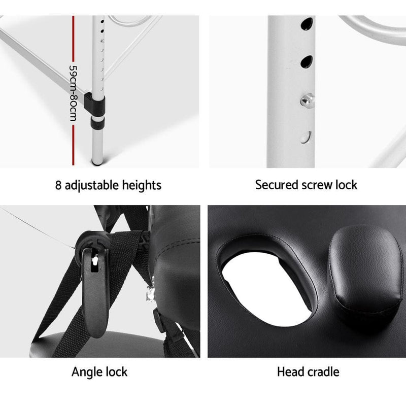 Zenses 3 Fold Portable Aluminium Massage Table - Black - 