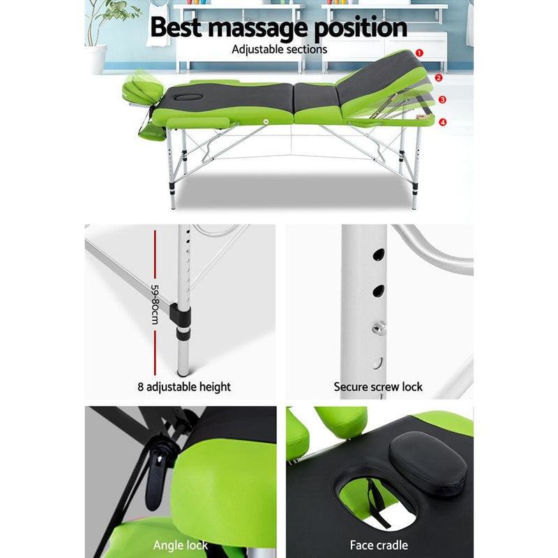 Zenses 3 Fold Portable Aluminium Massage Table - Green & 
