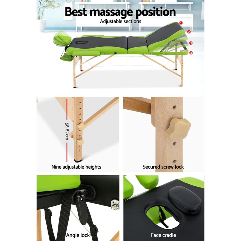 Zenses 3 Fold Portable Wood Massage Table - Black & Lime - 