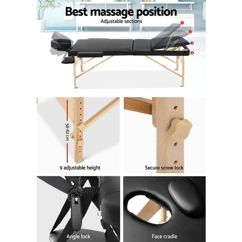 Zenses 75cm Wide Portable Wooden Massage Table 3 Fold 